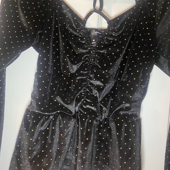 Aqua Black Velour Peplum Blouse Size S Gold Studs Keyhole Long Sleeves Cocktail - Picture 7 of 9